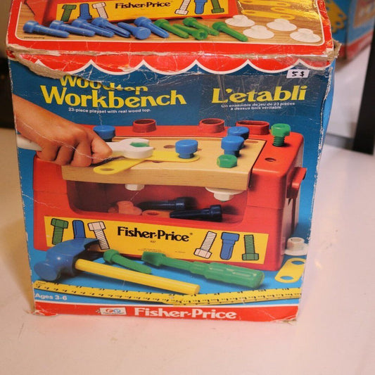 Vintage 1980 Fisher Price Woodtop Plastic Work Bench Tools Kit #927 Original Box