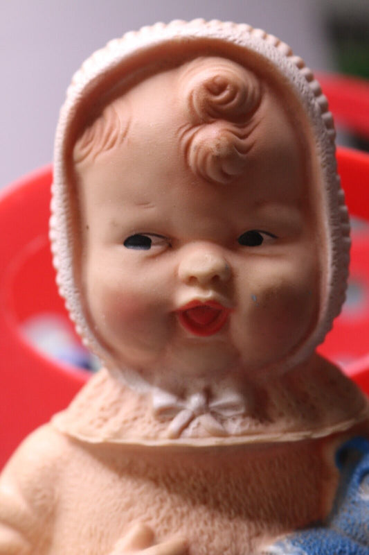Vintage Rubber Squeak Baby Doll Holding Teddy Bear By Jemlee