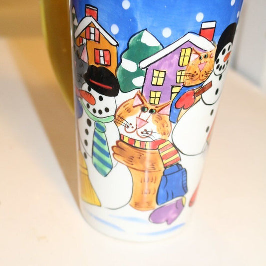 Catzilla By By Candace Reiter, Latte Mug, Snowmen. A Small Chip On Handle.