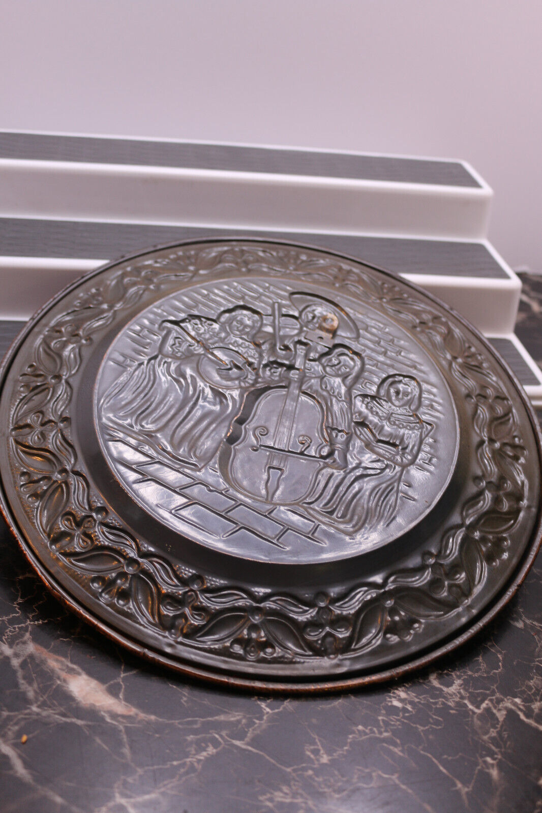 12" Pressed Copper Wall Display Plate, Musical Instruments Scene Made Vintage