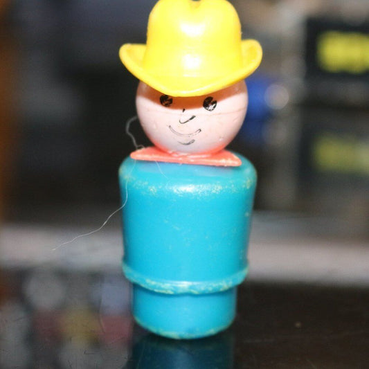 Fisher Price Little People Wooden Blue Body And Head Cowboy Yellow Hat