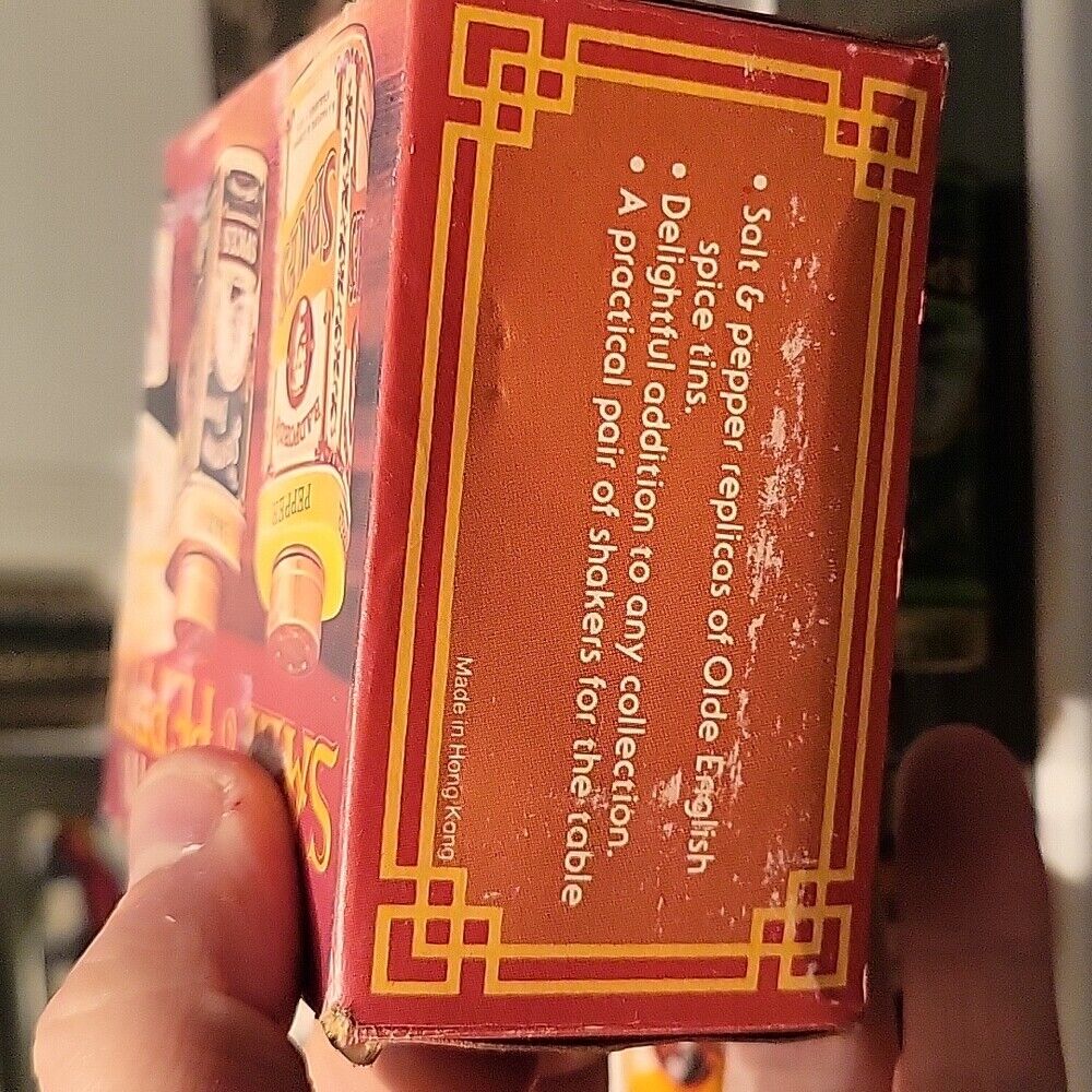 Vintage Olde English Tin Salt And Pepper Shaker Set With Original Box 3.5" X 2"