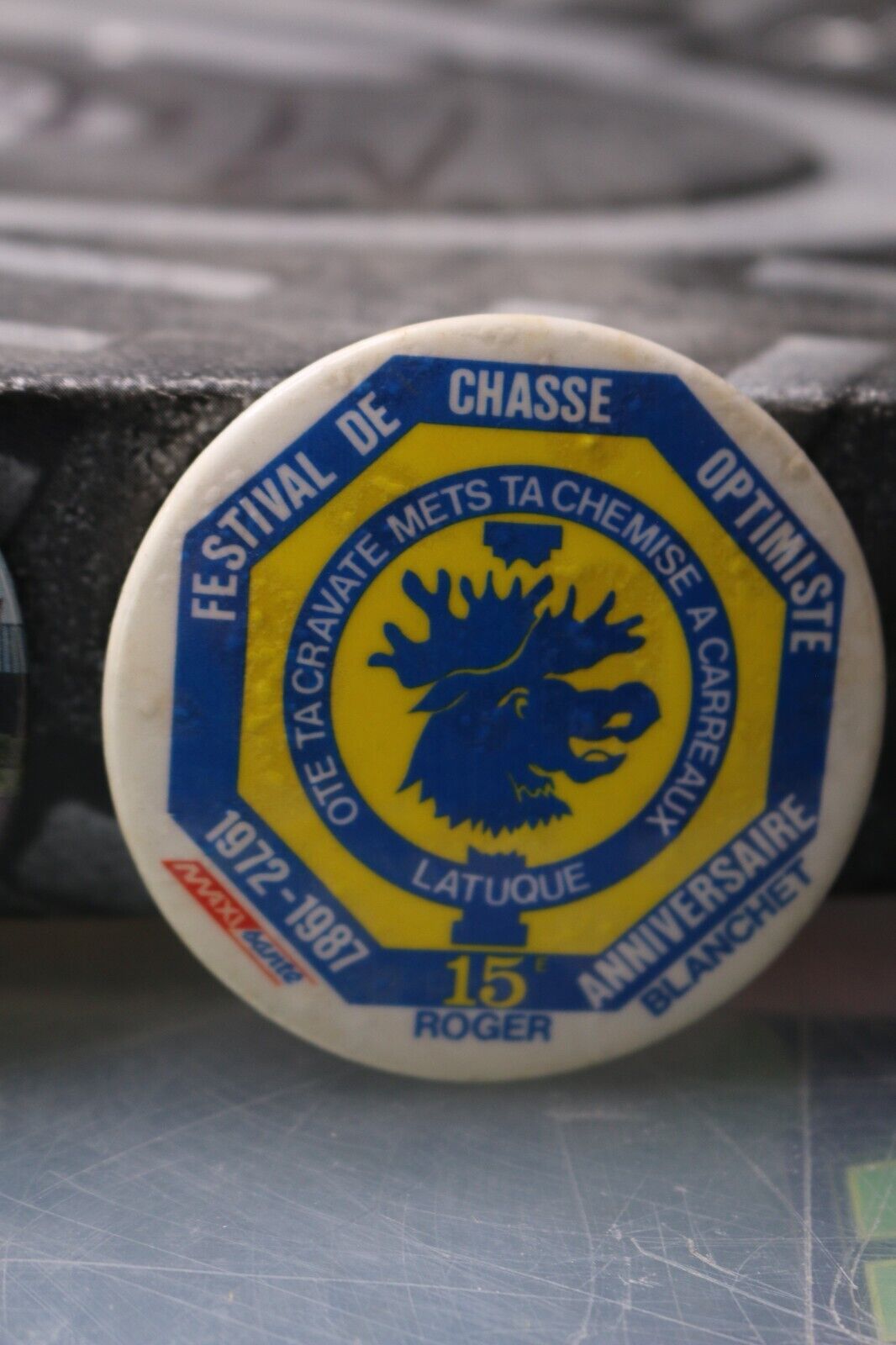 Vintage Macaron Pinback Québec Festival De Chasse Optimiste 1972-1987 Hunt Moose