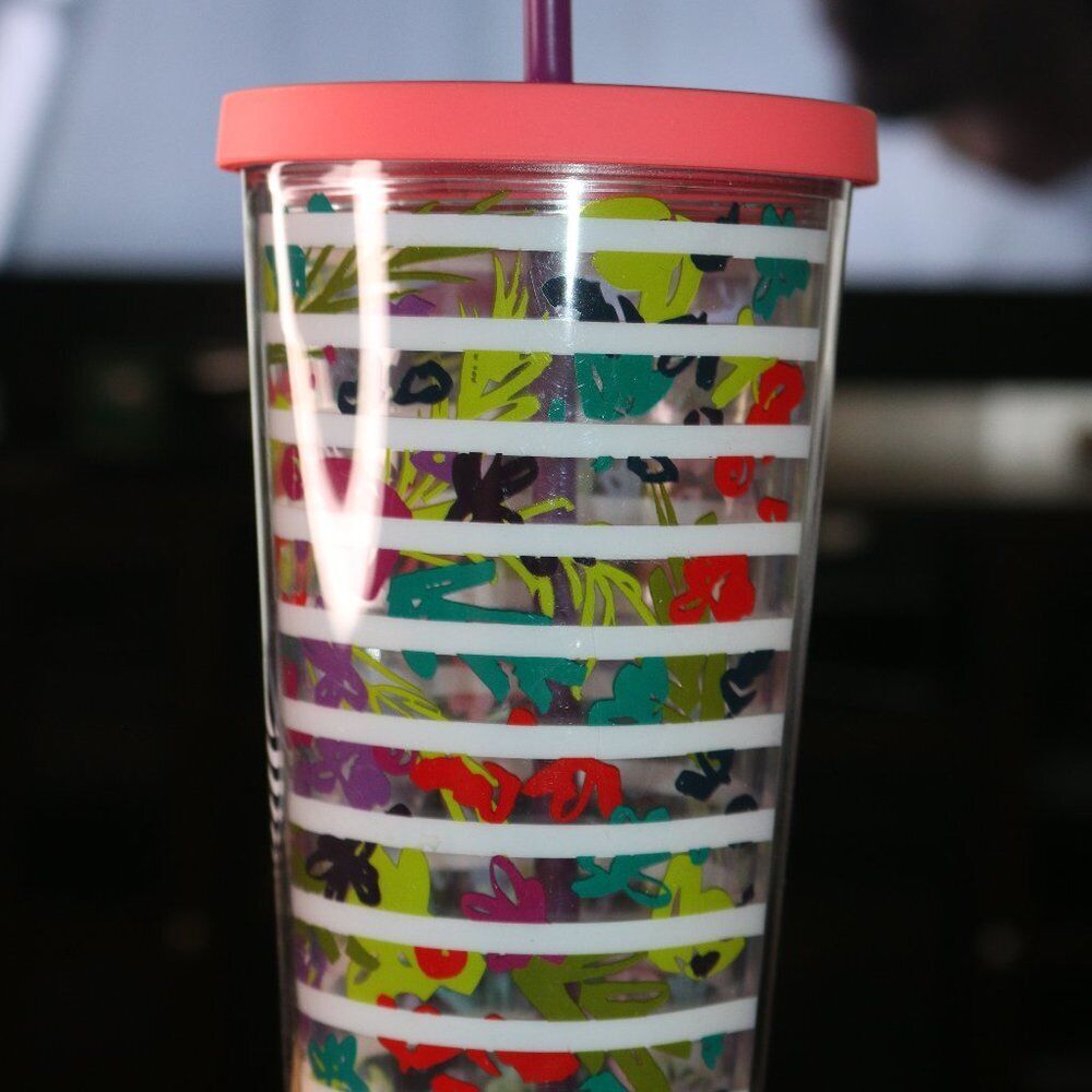 2017 Starbucks 24Oz Venti Cold Cup Tumbler Flower Floral Stripes With Lid &Straw