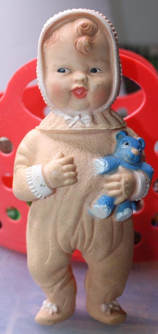 Vintage Rubber Squeak Baby Doll Holding Teddy Bear By Jemlee