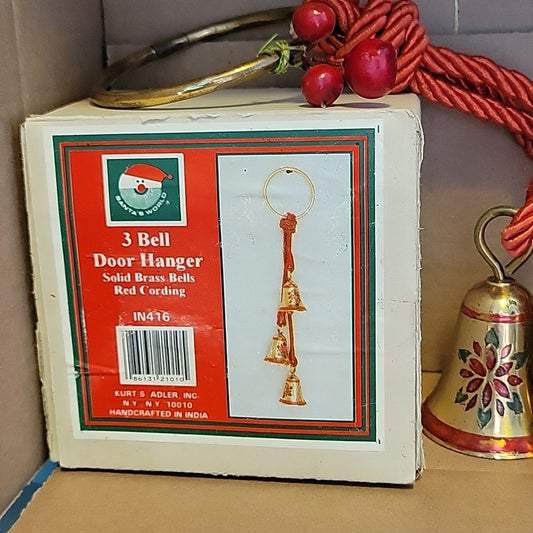 Vintage Santas World 3 Solid Brass Bells Poinsettias Door Hanger Kurt'S Adler