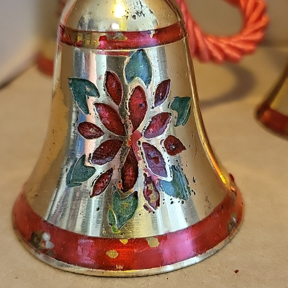 Vintage Santas World 3 Solid Brass Bells Poinsettias Door Hanger Kurt'S Adler