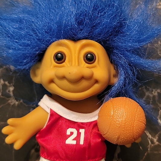 Vintage Russ Troll Doll Basketball Player Blue Hair Red & White Jersey #18438