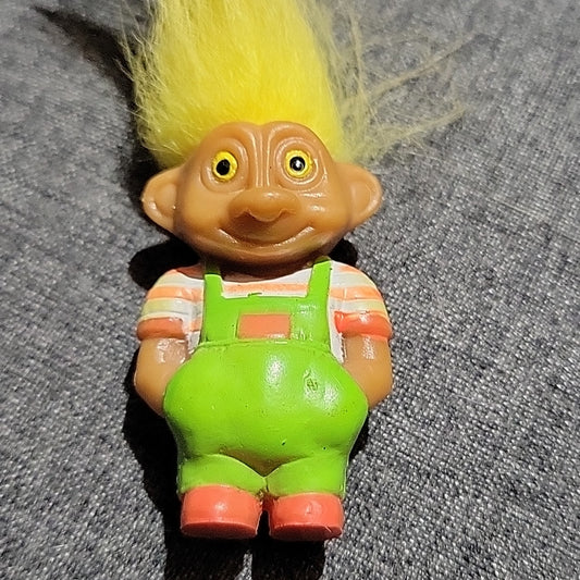 Vintage Trolls Soma Yellow Hair Green Overalls Orange Stripes Shirt Small Figure