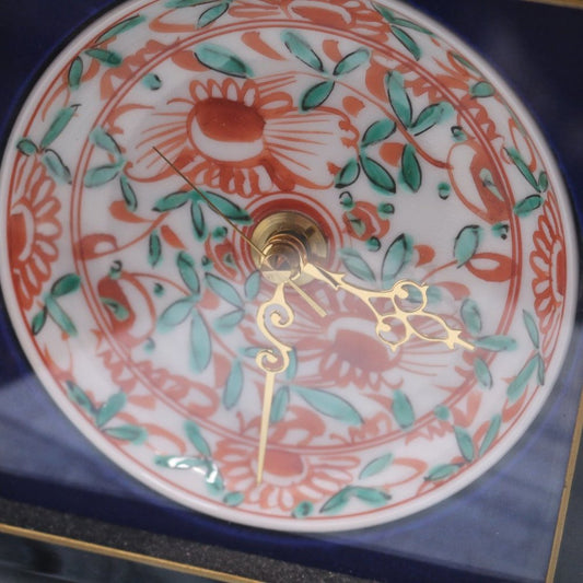 Vintage Clock With Porcelain Behind In A Wooden Box Case