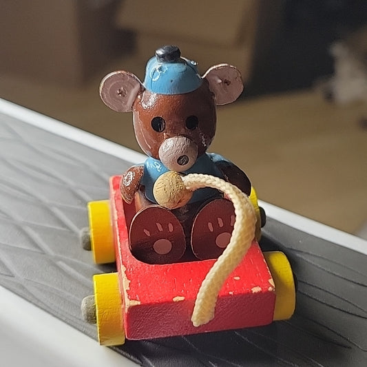 Christmas Dakin Resin Wood Ornament Decoration Miniature 1979 Bear On Wagon Toy