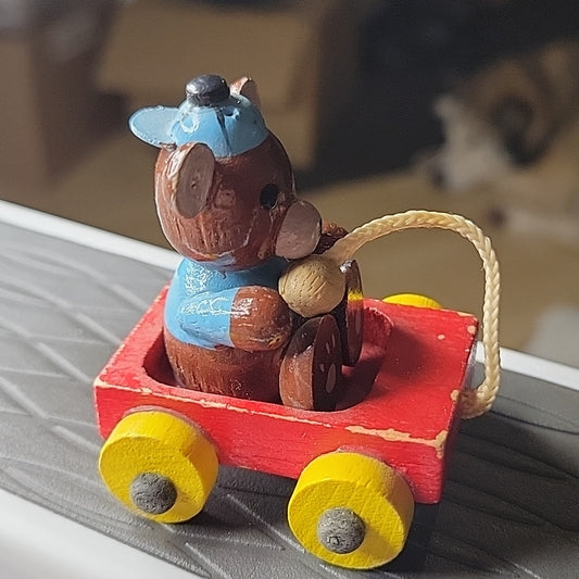 Christmas Dakin Resin Wood Ornament Decoration Miniature 1979 Bear On Wagon Toy