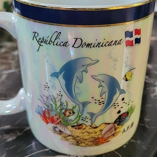 El Frutal Republica Dominicana Souvenir Coffee Mug Tea Cup Opalescent Dolphins