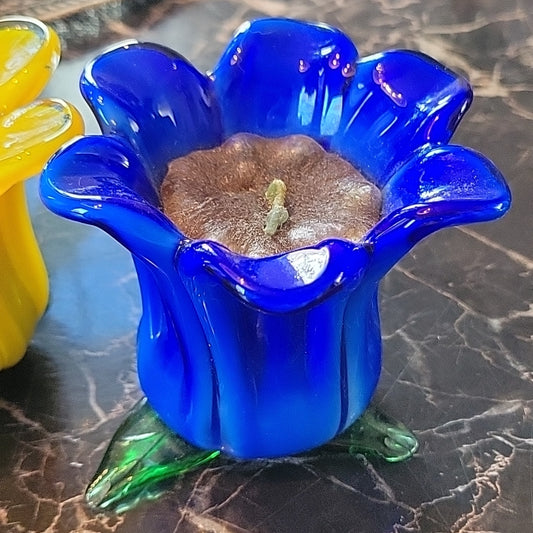 Candle Holder 2 Flowers In Hand-Blown Glass Art Cobalt Blue Yellow Style Murano