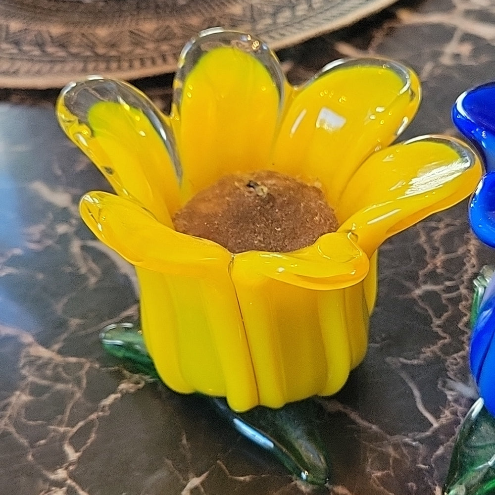 Candle Holder 2 Flowers In Hand-Blown Glass Art Cobalt Blue Yellow Style Murano
