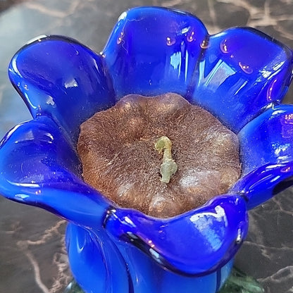 Candle Holder 2 Flowers In Hand-Blown Glass Art Cobalt Blue Yellow Style Murano