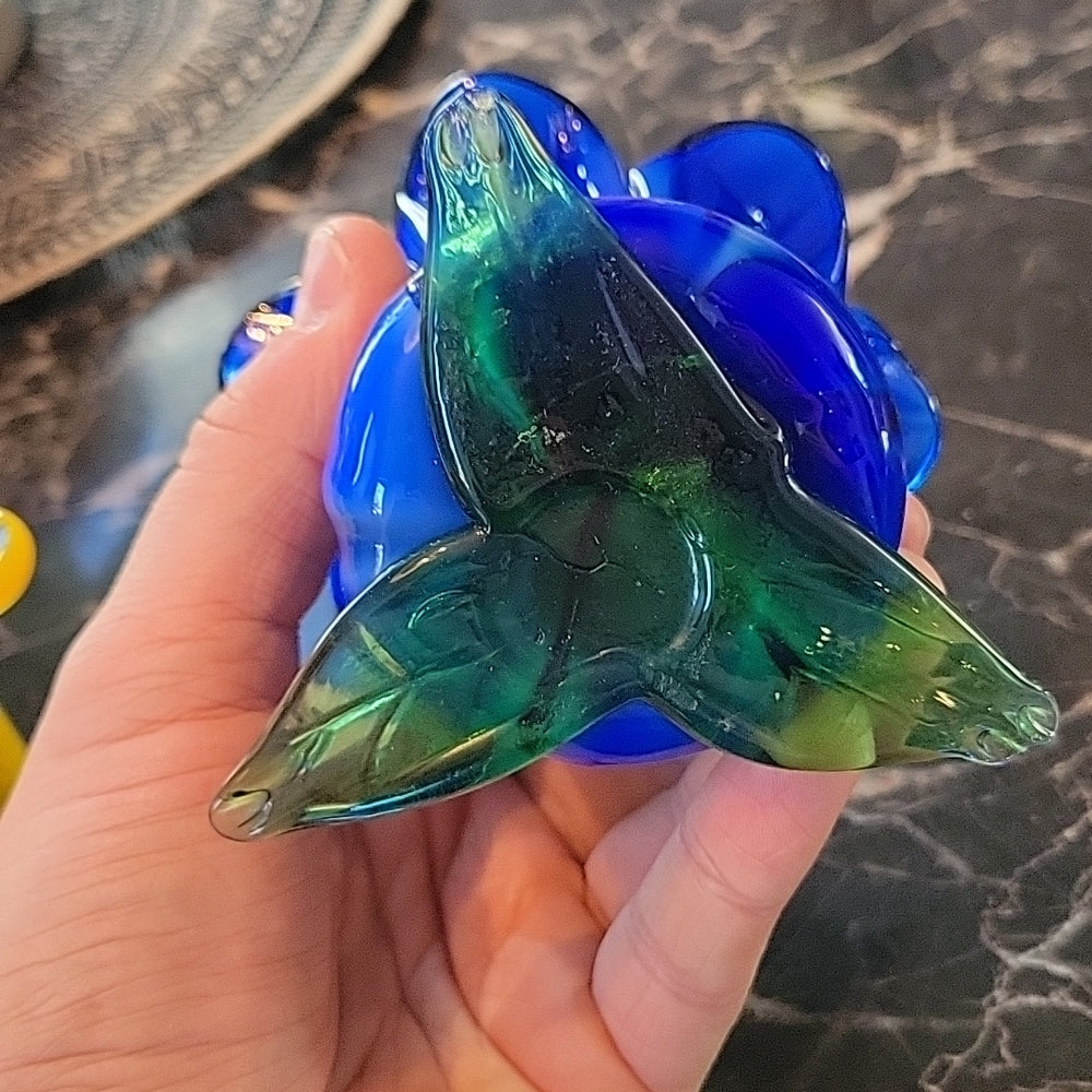 Candle Holder 2 Flowers In Hand-Blown Glass Art Cobalt Blue Yellow Style Murano