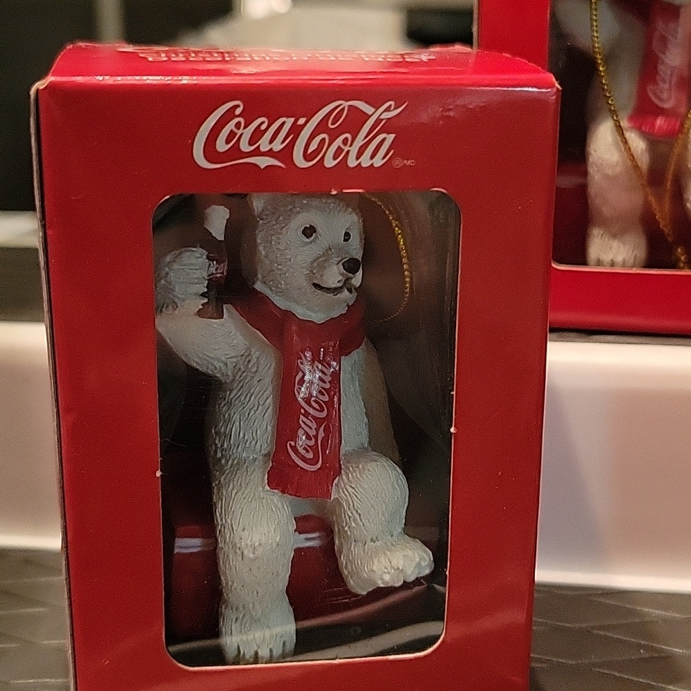 3 Coca-Cola Polar Bear Christmas Ornaments Sitting On Cooler With Bottle New Toy
