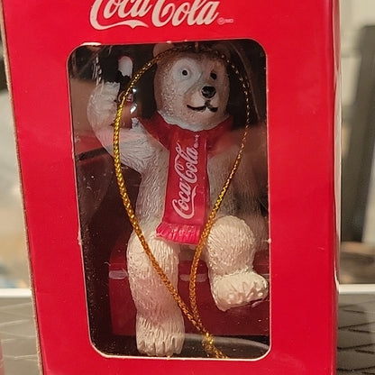3 Coca-Cola Polar Bear Christmas Ornaments Sitting On Cooler With Bottle New Toy