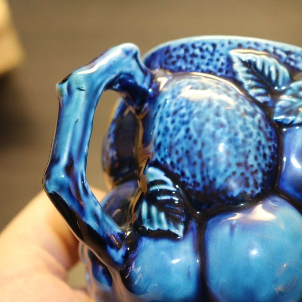 Vintage Ceramic Coffee Mugs Indigo Blue Raised Fruit Inarco No E2431 Japan