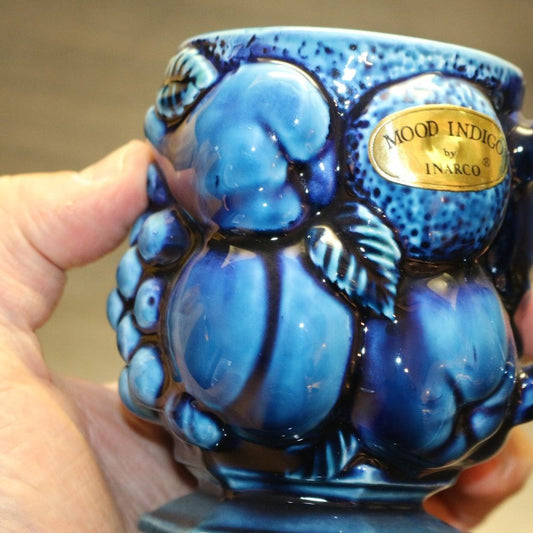 Vintage Ceramic Coffee Mugs Indigo Blue Raised Fruit Inarco No E2431 Japan