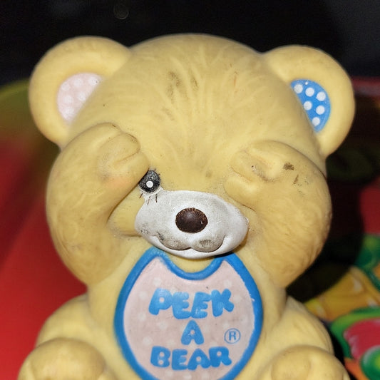 Vintage Gerber Peek A Bear Squeaky Baby Toy Yellow Blue Pink Polka-Dot 1970’S