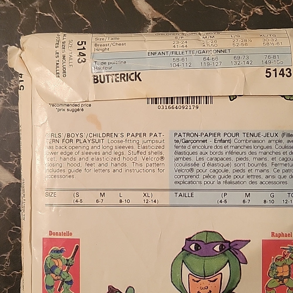 Vintage Teenage Mutant Ninja Turtles Costume Pattern Butterick #5143 1990 Mirage