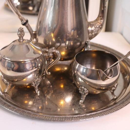 Vintage Elegance Silver Plated 5 Pcs Silver Plated Tea Set Footed Spoon