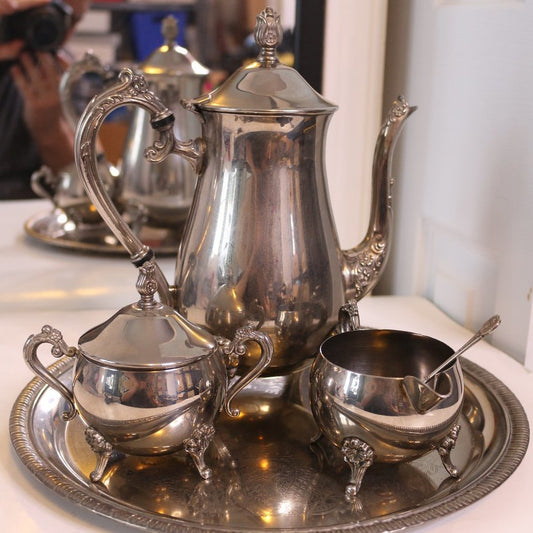 Vintage Elegance Silver Plated 5 Pcs Silver Plated Tea Set Footed Spoon