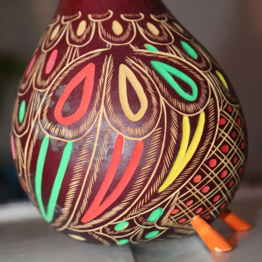 Handmade Carved Etched Colorful Peruvian Gourd Long Neck Bird Figurine Folk Art
