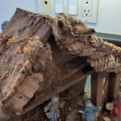 Rustic Nativity Scene Set with Colorful Figures Christmas Tree Jesus Creche Vtg