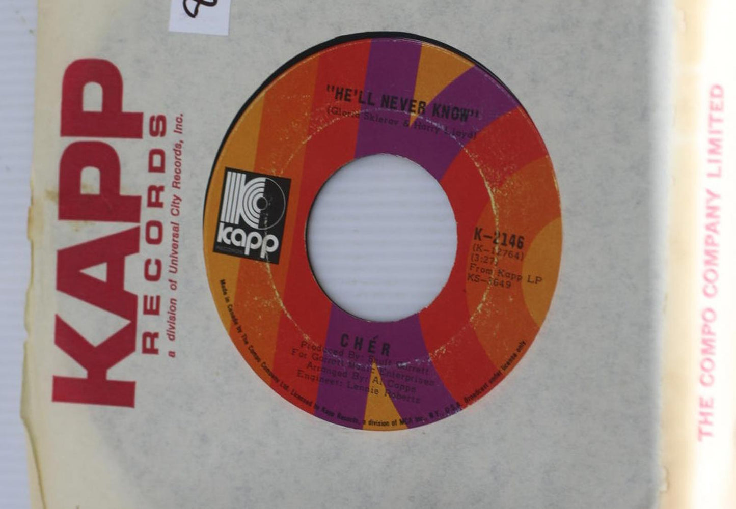 Cher - He'll Never Know 7" Vinyl Single 45 tour 7" record