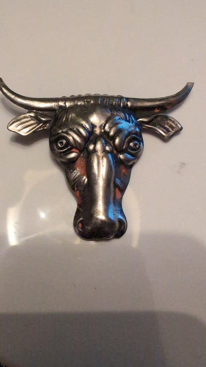 Vtg Pressed Tin Bull Cow Head Pin Brooch Silver Tone Made In Japan 2" Western