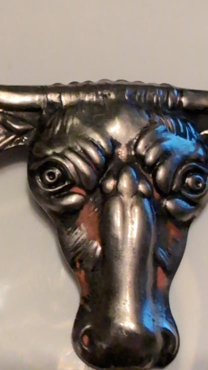 Vtg Pressed Tin Bull Cow Head Pin Brooch Silver Tone Made In Japan 2" Western