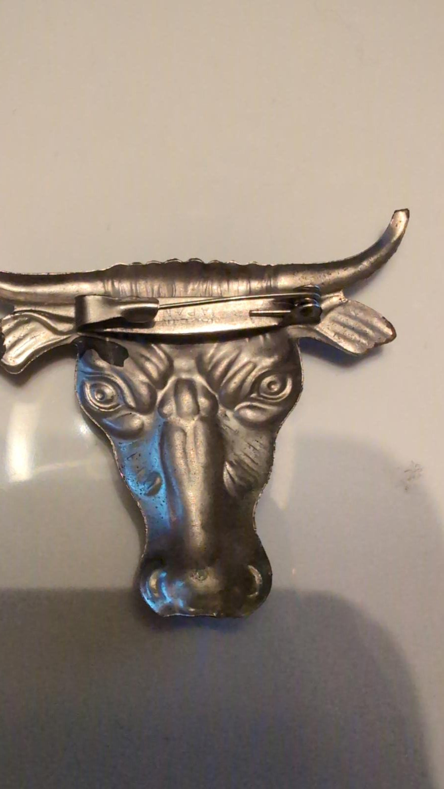 Vtg Pressed Tin Bull Cow Head Pin Brooch Silver Tone Made In Japan 2" Western