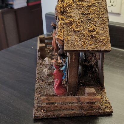 Rustic Nativity Scene Set with Colorful Figures Christmas Tree Jesus Creche Vtg