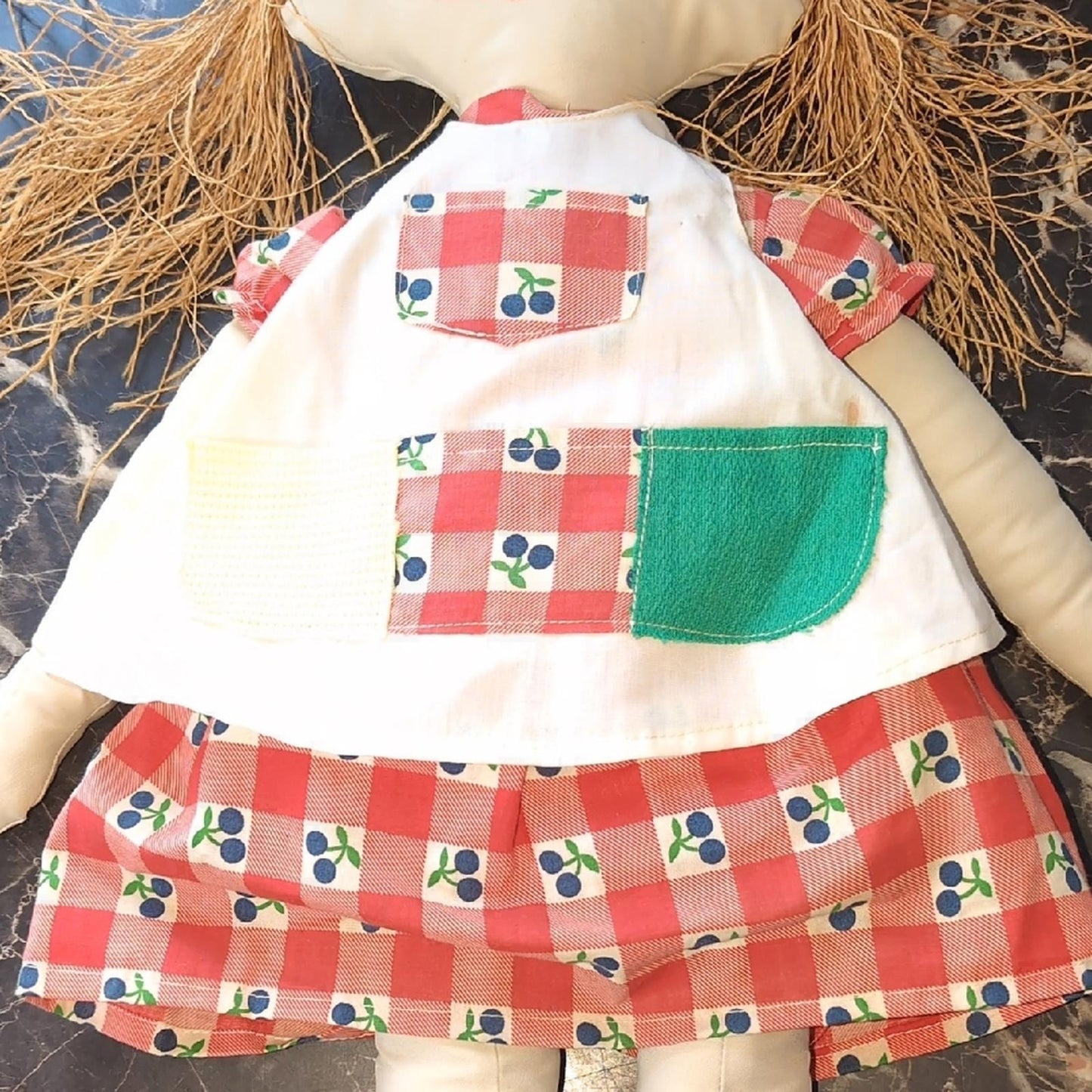 Colorful Patchwork Doll with Red and Green Dress