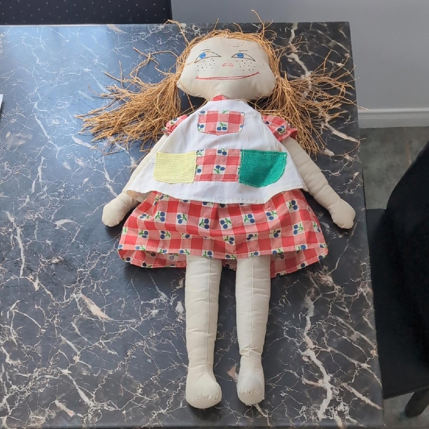 Colorful Patchwork Doll with Red and Green Dress