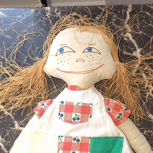 Colorful Patchwork Doll with Red and Green Dress
