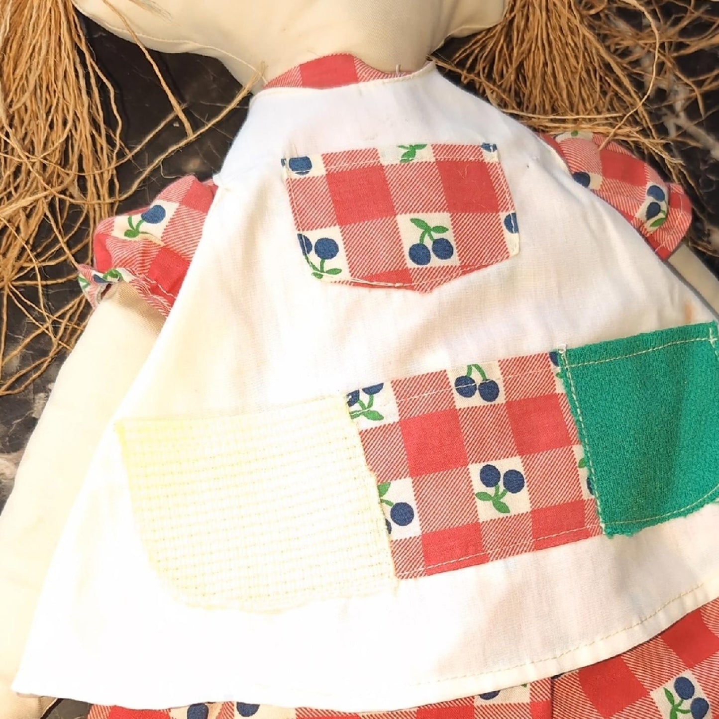 Colorful Patchwork Doll with Red and Green Dress