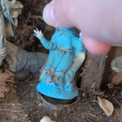 Rustic Nativity Scene Set with Colorful Figures Christmas Tree Jesus Creche Vtg