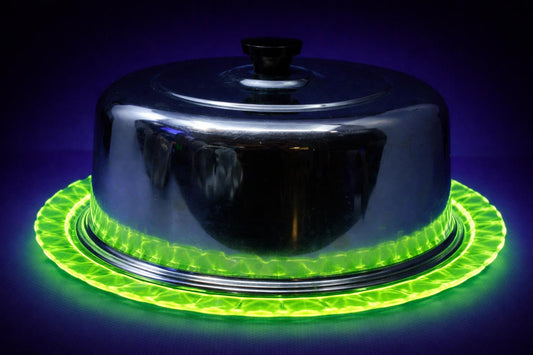 Vintage Uranium Depression Glass Cake Stand Plate Green Vaseline Glows Under UV
