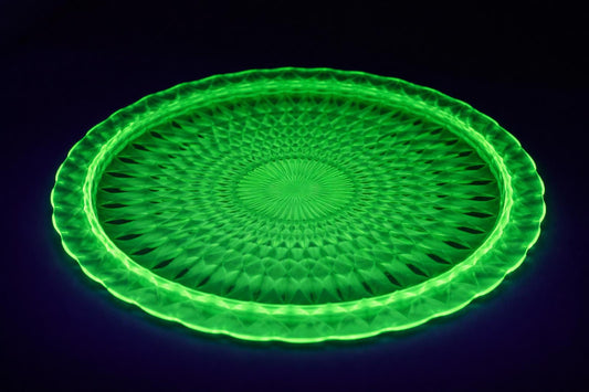 Vintage Uranium Depression Glass Cake Stand Plate Green Vaseline Glows Under UV