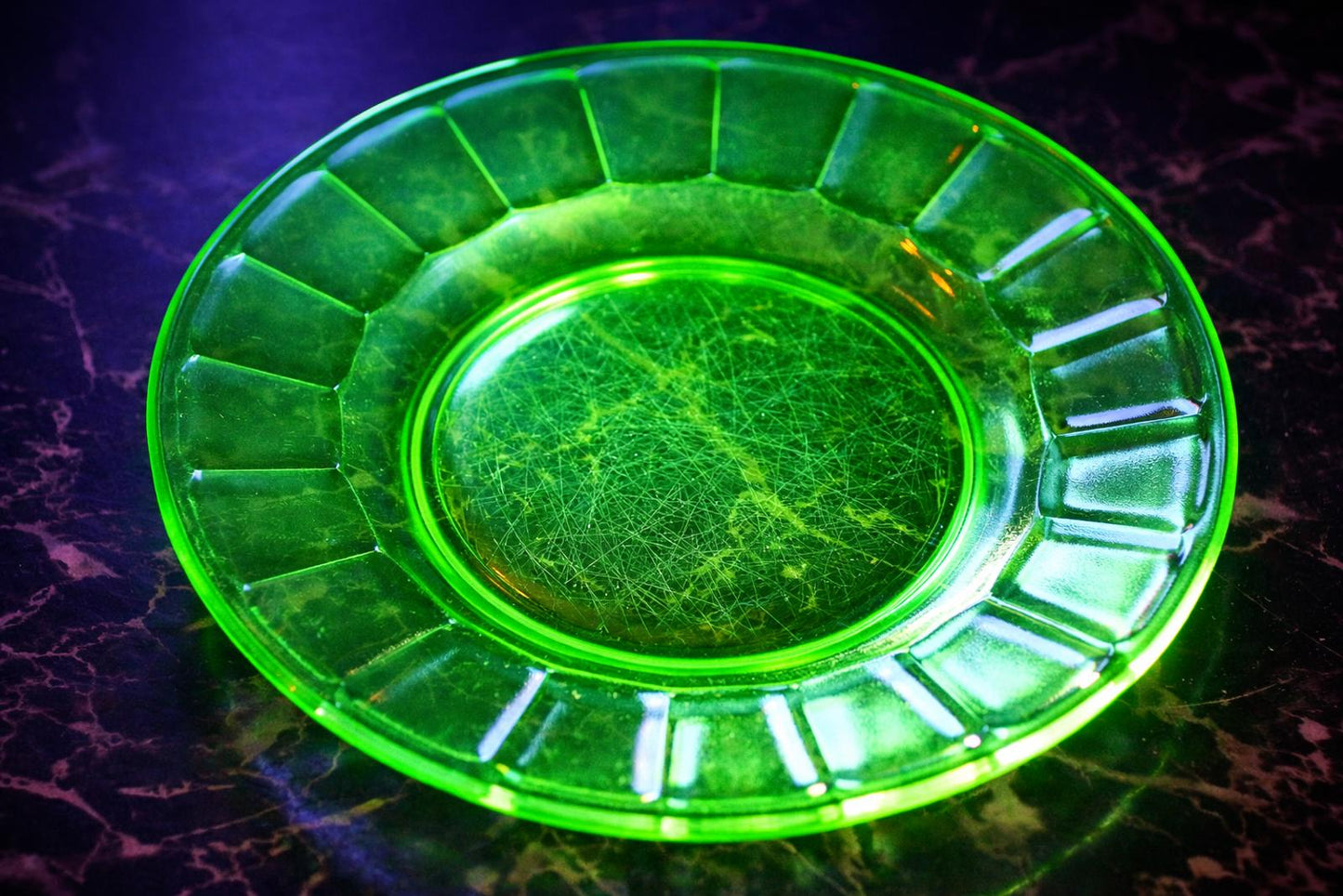 Vintage Uranium Glass Green Plate / Shallow Bowl – Fluted Rim – Depression Era