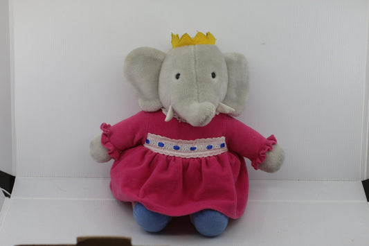 Soft Plush Babar Elephant Queen Celeste Pink Dress and Yellow Crown