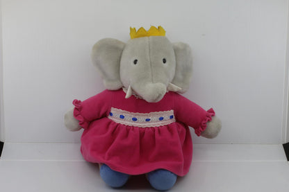 Soft Plush Babar Elephant Queen Celeste Pink Dress and Yellow Crown