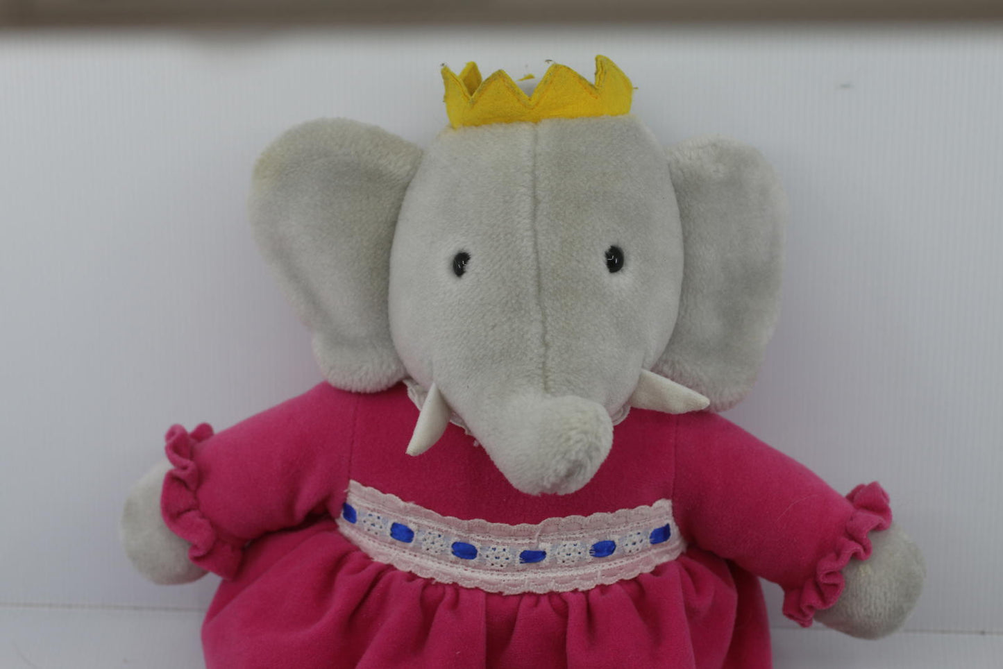 Soft Plush Babar Elephant Queen Celeste Pink Dress and Yellow Crown
