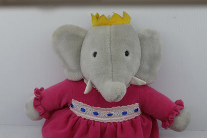 Soft Plush Babar Elephant Queen Celeste Pink Dress and Yellow Crown
