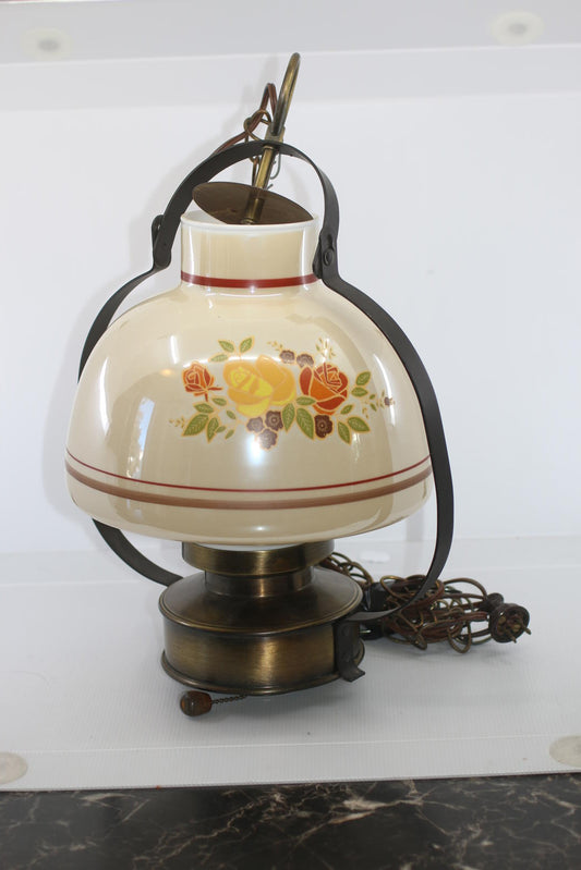 Vintage Hanging Porcelain Lamp with Floral Shade & Metal Support Base