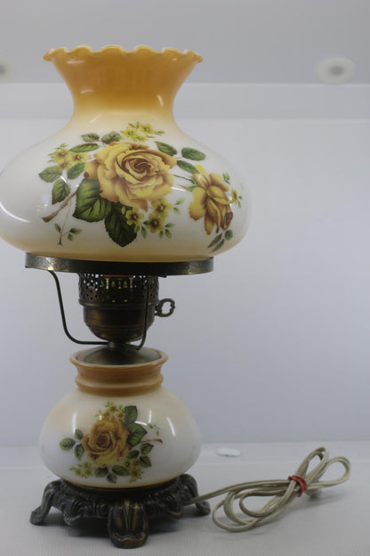 Vintage Electric Hurricane-Style Lamp w/ Floral Milk Glass Shade & Metal Ring